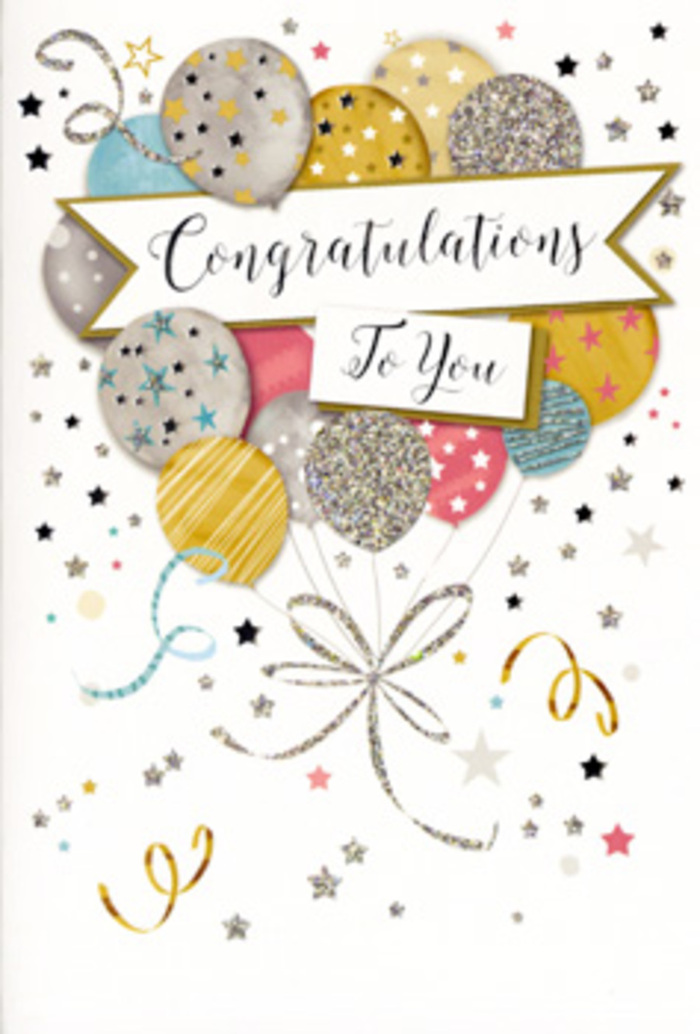 The image presents an elegantly designed congratulations card that feels as festive and polished as a well-curated celebration near Knightsbridge Green. Dominating the centre is a lush cluster of illustrated balloons, layered so they appear to float forward from the card, as if ready to drift over the rooftops of Knightsbridge on a breezy evening. The balloons shimmer in a carefully balanced palette of gold, silver, champagne, dusty pink, sky blue, and soft dove grey, each surface subtly shaded to suggest a glossy, inflated finish. Many of the balloons are adorned with intricate metallic details-slender stripes, sprays of tiny stars, and scattered flecks of glittery confetti-that catch the imagined light and add a sense of luxury. From the base of the cluster, delicate gold and silver strings curl downward in loose, looping spirals, weaving together like the flowing stems in a florist's hand-tied bouquet. The background is a pale, almost creamy white, sprinkled with tiny metallic stars, dots, and swirling ribbons that echo the carefree joy of a surprise party after work in nearby Belgravia. At the centre, a gracefully arched banner stretches from side to side, carrying the inscription Congratulations To You in fluid, calligraphic lettering that feels personal and sincere. The script appears slightly raised and glossy, hinting at tactile detail for fingers to follow. The atmosphere of the card is quietly opulent yet warmly inviting, perfect for pairing with flowers delivered for graduations, promotions, new ventures, or any milestone worth honouring across Knightsbridge and the surrounding central London neighbourhoods.