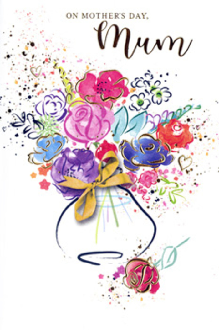On this elegant Mother's Day card, a free-flowing watercolour bouquet takes centre stage, painted with the kind of confident, expressive strokes a seasoned Knightsbridge florist might use when sketching ideas for a bespoke arrangement. Bold cerise and magenta flowers sit at the core, each bloom edged in deep indigo that defines the petals while still allowing the colour to feather out into the white space. Around them, layers of soft lavender, dusky lilac, and fresh sky blue drift together, interspersed with hints of sunny apricot and tender chartreuse green, suggesting foliage and supporting blooms without rigid outlines. Slim threads and specks of gleaming gold highlight certain petals and leaves, catching the eye like a flash of jewellery in a window along Knightsbridge High Street. The bouquet rests inside a simple, stylised vase, suggested through curved washes of colour and anchored by a delicate golden bow, reminiscent of the finishing touches seen on arrangements delivered to elegant apartments near Hyde Park Corner. All around the composition, playful splatters of paint, tiny hearts, and airy dots of pigment float across a clean white background, evoking petals scattered by a breeze or joyful confetti after a family celebration. The mood is heartfelt and intimate, yet full of life-much like stepping into a warm, fragrant flower shop on a bright May morning. Every brushstroke suggests affection, care, and the quiet reverence of saying thank you to a mother who has always been there, making this card feel like a keepsake bouquet that never fades.
