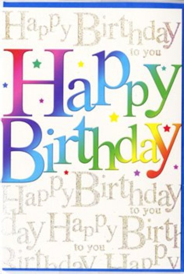 The birthday card presents itself like a miniature celebration laid flat, ready to stand proudly on a mantelpiece in a Knightsbridge townhouse or a cosy flat overlooking Hyde Park. Dominating the front are the large words Happy Birthday, rendered in broad, confident letters that arc gently across the card, as though mirroring the curve of a festive banner hung between elegant façades on Beauchamp Place. Each letter is drenched in colour, shifting in a smooth gradient that travels from intense ruby red through magenta, coral, golden yellow, lime green, and finally into calm, sky-tinted blue. The effect is reminiscent of a lavish bouquet transitioning from rich, warm roses to bright gerberas and cool hydrangeas-a harmony of tones that feels celebratory but not chaotic. The ink has a satin finish, catching soft reflections like sunlight on polished shop windows along Brompton Road. Behind this jubilant text, the background is anything but empty; lines of tiny, looping script repeat the phrase Happy Birthday to you over and over in a delicate gold foil. The writing forms a continuous, shimmering tapestry that suggests the murmured chorus of friends gathered around a birthday table. The metallic script gleams gently, without overpowering the rainbow letters, and looks very slightly raised, hinting at a tactile, embossed detail you could trace with your fingertips. Fine specks of golden glitter settle here and there among the script, adding gentle sparkle akin to evening lights flickering into life after a celebration in Knightsbridge. The overall design feels both exuberant and refined, the kind of card you might send alongside a hand-tied arrangement from Knightsbridge Flowers when you want your birthday wishes to feel wonderfully special and thoughtfully chosen.