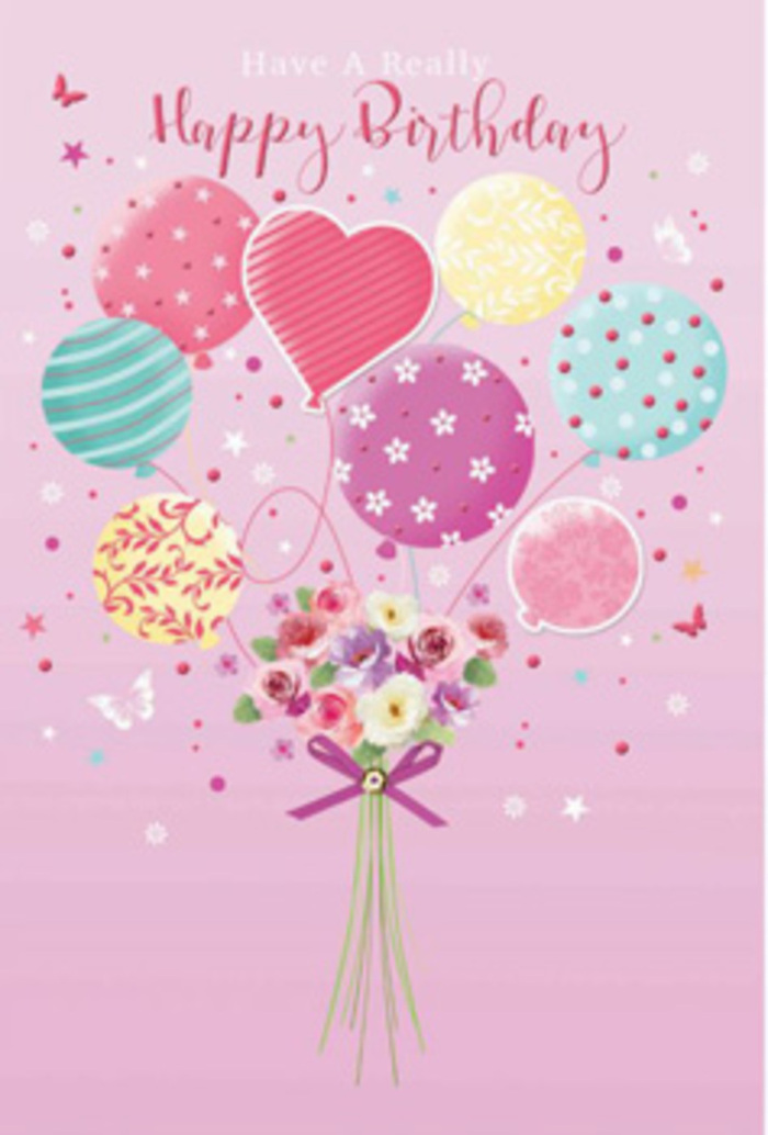 A dreamy birthday card design unfolds like a little celebration in the sky above Knightsbridge, where flowers and balloons blend into a single, uplifting arrangement. The artwork is set against a soft blush-pink canvas that recalls the gentle light of an early morning over nearby Hyde Park. Floating upward is a cluster of pastel balloons, their rounded shapes overlapping in a pleasing, balanced rhythm. Each balloon wears its own pattern: some are bathed in pale sunshine yellow, others glow in rosy fuchsia and lavender, and a few carry swirling stripes or scattered dots that ripple across their surfaces like ripples of laughter at a birthday brunch near Beauchamp Place. Nestled at the base of this airy bouquet is a hand-tied selection of small, delicately shaded blooms. You can almost trace the velvet texture of petite roses and daisy-like flowers, their petals shifting softly from cream to rose-pink, as if each one had been brushed by morning light straight from a florist's table in Knightsbridge. The flowers are gathered closely, creating a compact, garden-like mound of colour and softness, with slender stems meeting in a tidy bundle. Around them, tiny butterflies appear to drift through the composition, their wings light and whimsical, as though they've fluttered in from a quiet hidden garden off Sloane Street. A slender purple ribbon wraps around the stems, its subtle sheen adding a refined, festive accent. Light plays delicately over balloons and blossoms alike, catching highlights and creating soft shadows that give the arrangement a sense of gentle movement and depth. The overall feeling is one of intimate joy - not loud or overwhelming, but quietly jubilant - like a carefully chosen birthday surprise delivered by an expert local florist who understands how to make someone feel truly cherished on their special day.