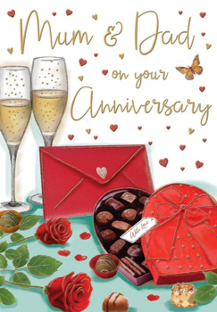 The anniversary card illustration captures a cosy, celebratory scene that feels at home in Knightsbridge, as if set on a polished dining table after a special meal. In the foreground, two champagne flutes stand close, slightly angled towards each other like partners leaning in for a toast. The glasses are filled with pale, sparkling champagne, with delicate bubbles rising through the liquid and catching the ambient light. Nearby, two red roses lie side by side, their petals densely layered, with velvety curves in rich crimson tones that hint at a soft, romantic fragrance. The stems are mostly hidden, but you can see hints of lush green foliage, adding freshness and balance to the deep reds. Just in front of the roses is a heart-shaped box of chocolates, its smooth surface crowned with an oversized red bow that drapes in bold, satin loops. The box is open, revealing neatly arranged chocolates in different shapes, like a selection you might savour slowly during an anniversary evening. A bright scarlet envelope, cleanly folded and sealed, rests close enough to suggest it has just been placed there, holding heartfelt words of thanks or love, perhaps from family marking a milestone for Mum & Dad. Around this central arrangement, delicate golden and crimson hearts and soft strokes of light float like shimmering confetti, giving the impression of movement and joy. The whole composition has a warm, inviting glow, reminiscent of a Knightsbridge flat lit by gentle lamps, where flowers, chocolate, and champagne come together as timeless symbols of enduring affection and shared history.
