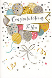 A refined yet joyful congratulations card is displayed as if on the counter of a Knightsbridge boutique, its design radiating the gentle excitement of a well-earned celebration. In the centre, a buoyant bouquet of illustrated balloons rises upward, overlapping in a loose, organic cluster reminiscent of a festive arrangement you might carry home from a party near Harrods. Each balloon is rendered in soft, luminous tones of gold, silver, champagne, pastel blue, blush pink, and muted grey, with subtle gradients that give the illusion of rounded, shiny surfaces catching the light. Some are dressed in twinkling star patterns, others in fine stripes or scattered glitter-like specks, adding layers of interest without overwhelming the scene. Slender ribbons in metallic gold and silver trail down from the balloons, swirling and crossing over one another like graceful flourishes of ink. Around them, tiny stars, dots, and spiralling motifs drift across a pale neutral background, evoking confetti spinning gently in the air after a toast along Sloane Street. A wide, gently curved banner stretches across the middle of the design, proudly bearing the words Congratulations To You in an elegant, flowing script. The lettering feels carefully considered, as if penned to accompany a bouquet personally chosen for the recipient. Though silent, the card seems to hum with happiness and pride, ideal for marking a promotion, graduation, exam success, or any moment of achievement you might celebrate with flowers delivered across Knightsbridge, Chelsea, or nearby Hyde Park. The overall impression is one of sophisticated joy and heartfelt admiration.