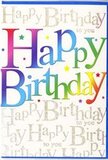 This birthday card radiates the kind of joyful elegance that would sit perfectly beside a fresh arrangement on a Knightsbridge windowsill, catching the soft daylight that spills in from the street. The eye is drawn first to the central Happy Birthday message, written in big, rounded letters that almost seem to dance across the card. Each character wears its own colour, flowing from deep cherry red to vivid pink, into glowing orange, mellow yellow, fresh spring green, and serene aqua, blending as seamlessly as petals in a carefully graded birthday bouquet. The surface of the letters has a smooth, slightly glossy sheen, so that when the card tilts, light glides across them like reflections in the glass of nearby boutique fronts. Behind this jubilant headline, the entire background is veiled in repeated lines of Happy Birthday to you, penned in a fine, swirling script that looks as though it has been traced with a liquid gold pen. The writing forms a gentle, rhythmic pattern, shimmering in metallic foil with just enough sparkle to suggest celebration but not so much as to distract from the main message. Here and there, tiny hints of glitter amplify the gleam, reminiscent of fairy lights coming on along the streets around Knightsbridge in the evening. The card stock itself appears sturdy and smooth, with a soft, creamy tone that keeps the overall look polished and sophisticated. Emotionally, the design feels warm, exuberant, and genuinely heartfelt-the sort of birthday card you might choose when you want your wishes to feel generous and memorable, especially when paired with same-day birthday flowers delivered nearby.