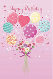 This whimsical birthday image feels like a pastel daydream floating just above the rooftops of Knightsbridge, where balloons and blossoms come together in a graceful, uplifting bouquet. The background is a soft wash of pink, setting a tender, celebratory mood. From the base of the composition, a compact bouquet of delicate flowers rises: creamy ivory roses, blush-pink blooms, and mauve, anemone-like petals that gather in a lush, rounded cluster. Their surfaces look velvety and soft, the sort of fresh, high-quality stems you'd expect from a specialist florist near Brompton Road. The stems meet in a neat bundle, cinched by a violet satin bow that wraps around them with a gentle sheen, catching the light like a ribbon on a gift ready for birthday delivery. Above this floral base, a playful parade of balloons floats upwards, each one with its own style and charm. Some shimmer with candy-coloured stripes, others are sprinkled with light-hearted polka dots, and at the centre a softly shaped heart balloon radiates affection, suggesting the love behind the birthday wishes. Pastel hues of pink, mint, lavender, and buttery yellow blend in a harmonious palette, echoing the refined yet joyful character of the local area. Scattered delicately around the design are tiny stars and butterflies, giving the impression of a fairy-tale moment drifting across nearby Hyde Park at dawn. Light seems to filter gently across the scene, making the balloons glisten and the petals glow, as if the whole arrangement has just been brought indoors from a bright spring morning. The result is a tender, enchanting birthday greeting that feels airy, sweet, and wonderfully festive, like a thoughtfully chosen card accompanying a hand-delivered bouquet from a trusted Knightsbridge florist.