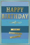 This image features an elegant birthday card that marries tranquil shades of blue with refined touches of gold, the sort of design you might pair with a sophisticated birthday bouquet ordered for delivery across Knightsbridge. The card front is divided horizontally into wide, blended stripes, each stripe a different shade of blue - from deep navy and midnight tones at the edges to gentler sky and sea blues towards the centre. These blocks of colour are softly graduated, so the overall impression is of a smooth ombré background, calming and almost atmospheric, like evening light settling over nearby Hyde Park. Set squarely in the centre, the phrase HAPPY BIRTHDAY appears in large, gold, embossed letters. Each character is slightly raised and finished with a satin metallic sheen, so the lettering glints softly when light passes across it, creating a sense of importance without overwhelming the calm background. Directly beneath the main greeting, a delicate golden flourish stretches horizontally, echoing the lines of the stripes but with graceful, curling shapes that recall antique bookplates or traditional monograms. Underneath this decorative element lies a trio of horizontal gold banners, neatly stacked. Each banner carries part of a warm, friendly sentiment: Relax, have a great day and enjoy! The words themselves are simple, but combined with the design they feel like an invitation to take a deep breath and truly savour the birthday. A fine gold line frames the edge of the card, pulling all the elements together. The contrast between the matte, velvety blues and the glossy, embossed gold creates a tactile richness you can almost feel, making this card a quietly luxurious finishing touch to any thoughtful birthday gesture.