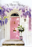 A romantic Knightsbridge doorway becomes a picture of new beginnings, dressed in pastel tones and fragrant blooms that feel both intimate and celebratory. The front door, painted in a delicate shade of pink that glows softly in the afternoon light, stands framed by simple white walls and a pale shutter, reminiscent of a tucked-away mews just off Brompton Road. Above, cascades of wisteria tumble in gentle lavender ribbons, each clustered bloom forming part of a fragrant canopy that filters the sunshine and casts dappled patterns across the stone steps. At the threshold, a grey-toned metal bucket holds a generous bouquet of creamy white roses, their petals lush and layered, opening wide as if in greeting. Interwoven sprigs of fresh green foliage add depth and a whisper of woodland freshness, softening the edges of the arrangement. A neat, blush-pink ribbon wraps around the bucket, its tails resting lightly against the steps, subtly mirroring the tone of the door and the romance of the wisteria blossoms. The combination of pastel colours, natural texture, and gentle light creates a sense of quiet optimism, as though the flowers have arrived just in time to celebrate the handing over of keys to a new flat near Harrods or a serene home overlooking Hyde Park. In this carefully composed entrance, you can imagine the moment a new homeowner returns from the bustle of Knightsbridge's streets to find this welcoming display waiting, a floral blessing for fresh starts and the stories yet to unfold behind that pink door.