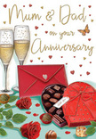 In this richly detailed anniversary card, the artwork feels like a quiet celebration set in a Knightsbridge living room after a cherished family meal. Two tall champagne flutes dominate the centre, their clear glass surfaces reflecting soft highlights, with golden fizz inside and fine bubbles suspended as if mid-toast. Beside them, a pair of classic red roses rests on the tabletop, petals layered densely in shades of deep crimson, edged with subtle shadows that give them a plush, lifelike texture. A touch of greenery peeks out from beneath the blooms, the leaves glossy and fresh, grounding the rich reds with a hint of natural calm. In front, a heart-shaped box of chocolates lies open, its lid decorated with a voluminous red bow whose satin loops curl gracefully over the edge. Inside, chocolate pieces nestle in neat rows, each one individually cradled, suggesting an indulgent treat to be shared slowly. A bright red envelope, crisply folded and sealed, sits close to the chocolates, hinting at a handwritten message brimming with love and gratitude, perhaps addressed to parents celebrating many years together. Scattered across the background are tiny red and gold hearts, along with soft, painterly streaks of warm light that add sparkle and movement, like the lingering glow after a toast. The entire composition radiates warmth and affection, evoking the kind of thoughtful, intimate anniversary moment that couples across Knightsbridge might celebrate, surrounded by flowers, sweet treats, and memories that deepen with each passing year.